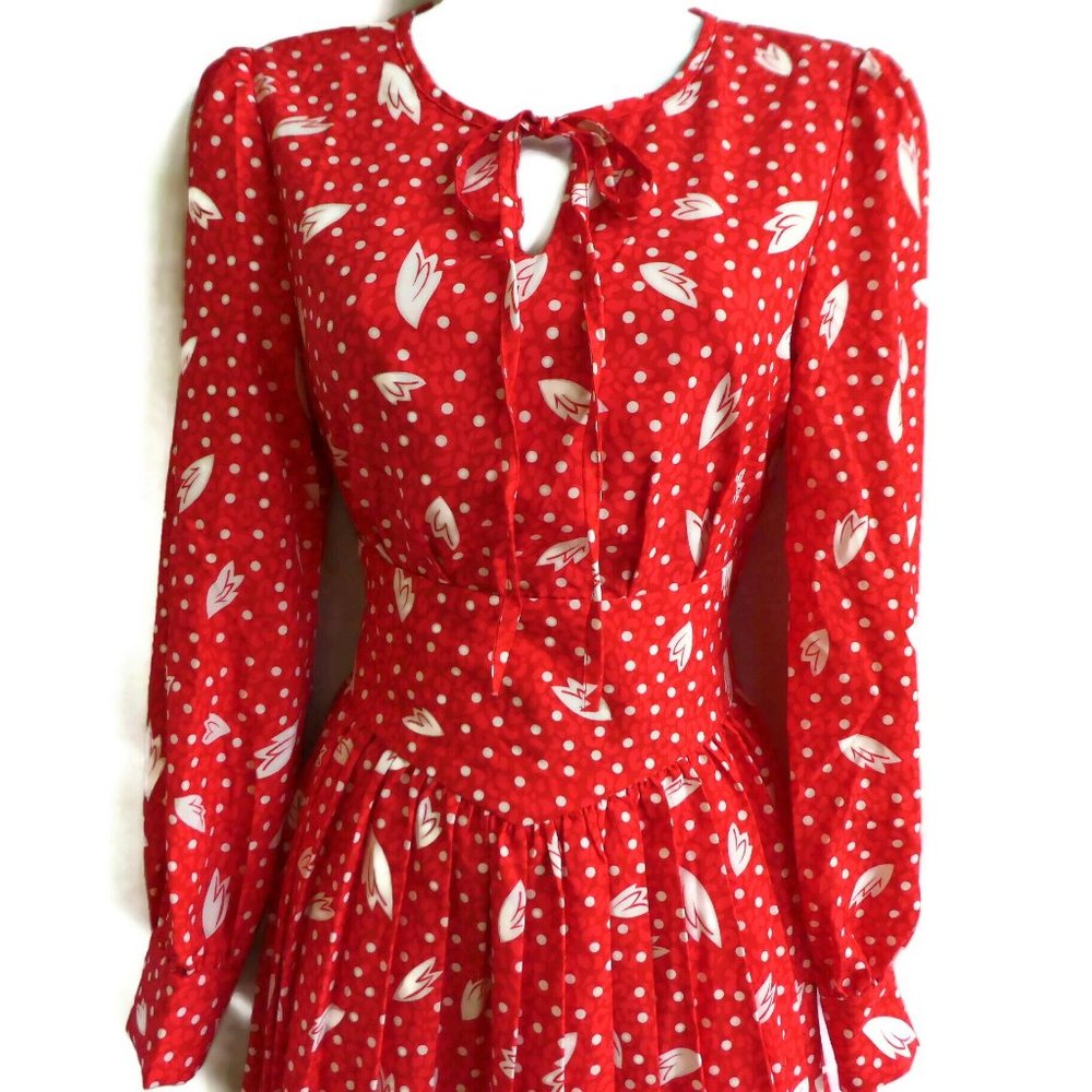 Vintage Style 80s Does 50s Dress Shirtwaist Red Polka Dot Zip Back Puff Sleeve - Picture 3 of 12